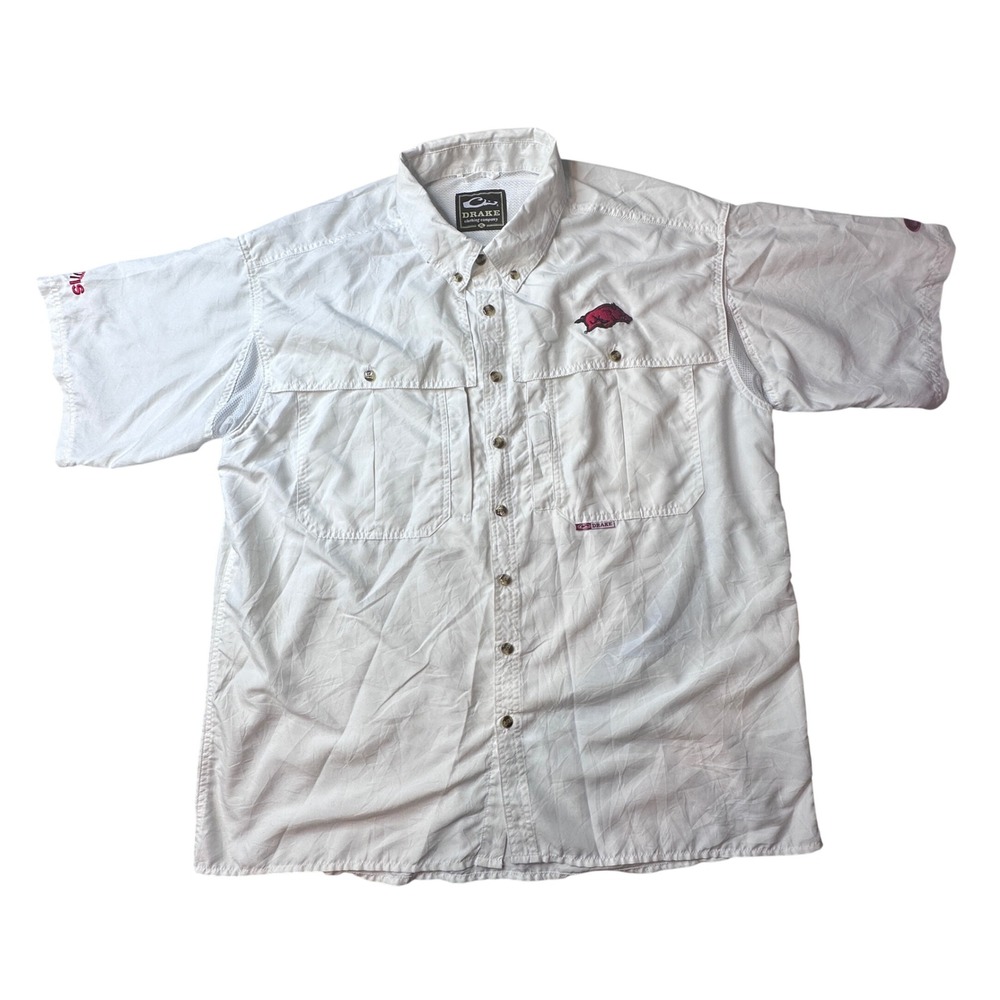 Arkansas Razorbacks Drake Fishing Shirt Mens XL White S/S Button Down Ventilated